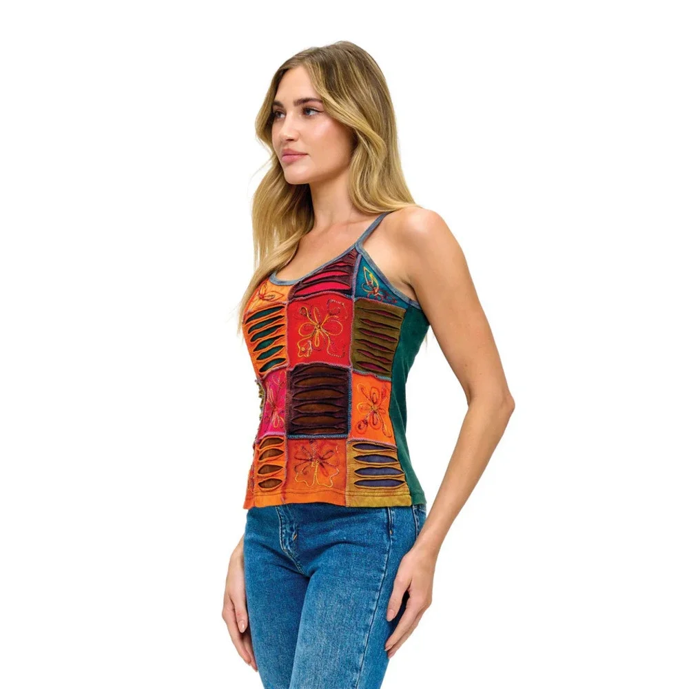 26465 RUST Yak & Yeti Boho Razor Cut Patch Embroidered Tank Top Various Sizes_2